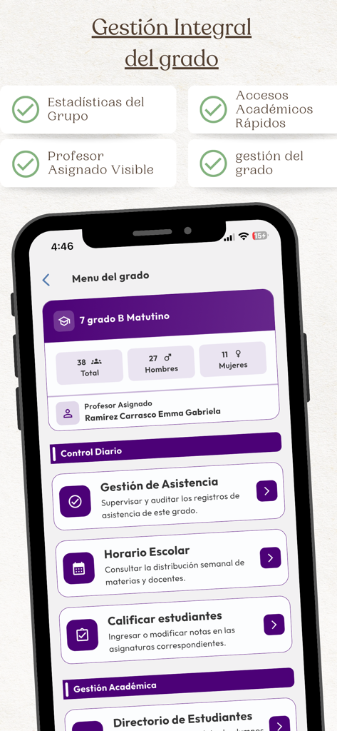 Asuncion-Leon mobile app screen for grade management and academic tracking.