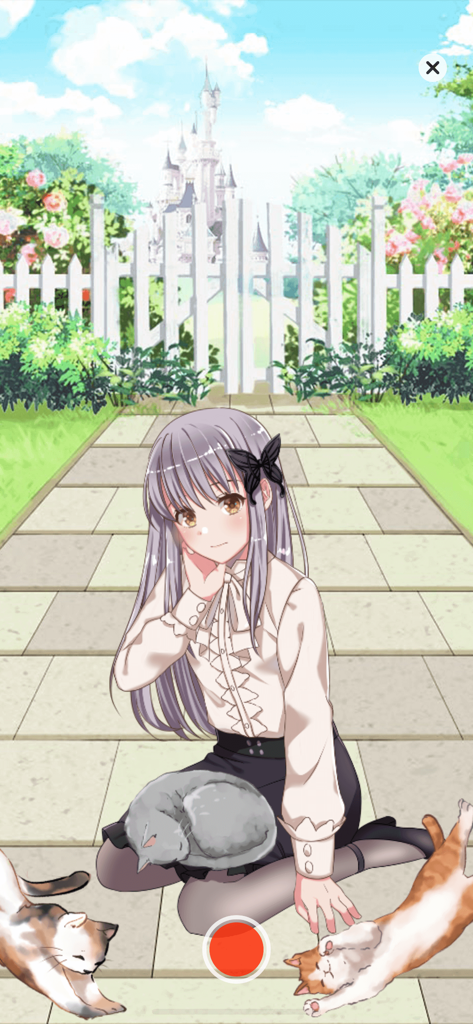 An anime girl avatar sitting in a garden with cats and a castle in the background