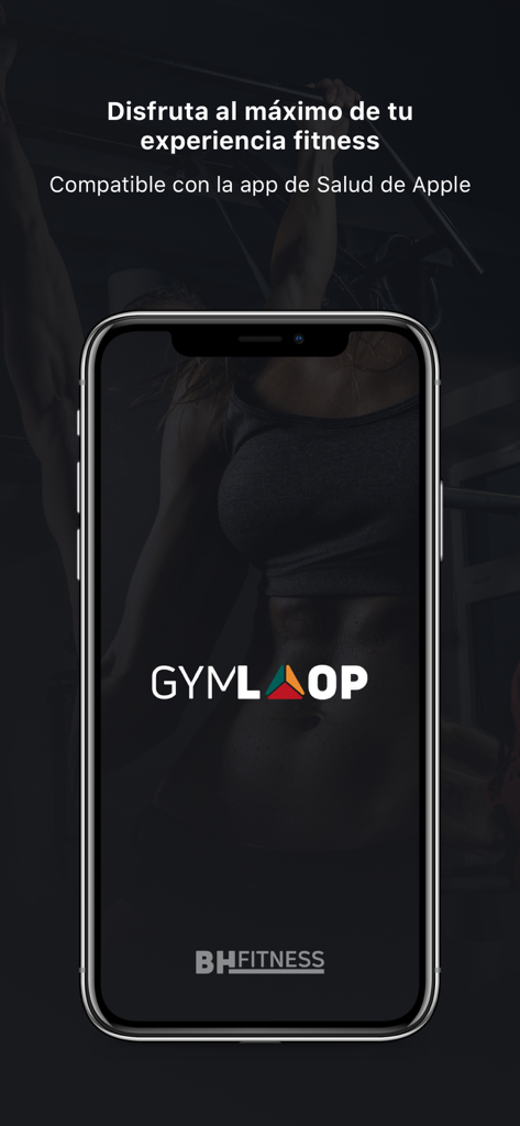 BH GYMLOOP - Pantalla de inicio de la aplicación BH GYMLOOP en un smartphone con compatibilidad con Apple Health y un fondo de entrenamiento en el gimnasio.