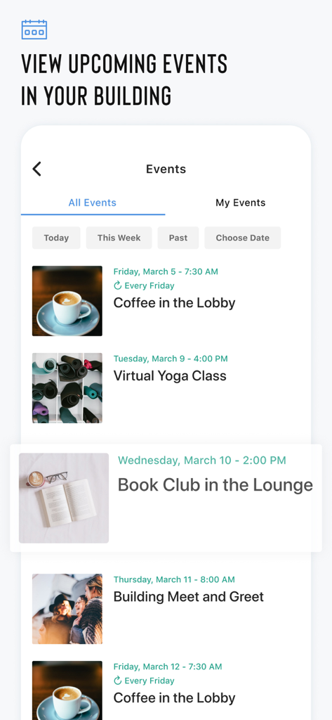 Resident Experience - Interface de l'application Expérience Résidentielle montrant une liste des événements communautaires à venir tels que des cours de yoga et un café dans le hall.