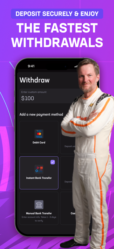 Hard Rock Bet: Sportsbook - Interfaz de la aplicación móvil Hard Rock Bet mostrando varios métodos de retiro y opciones de depósito seguras.