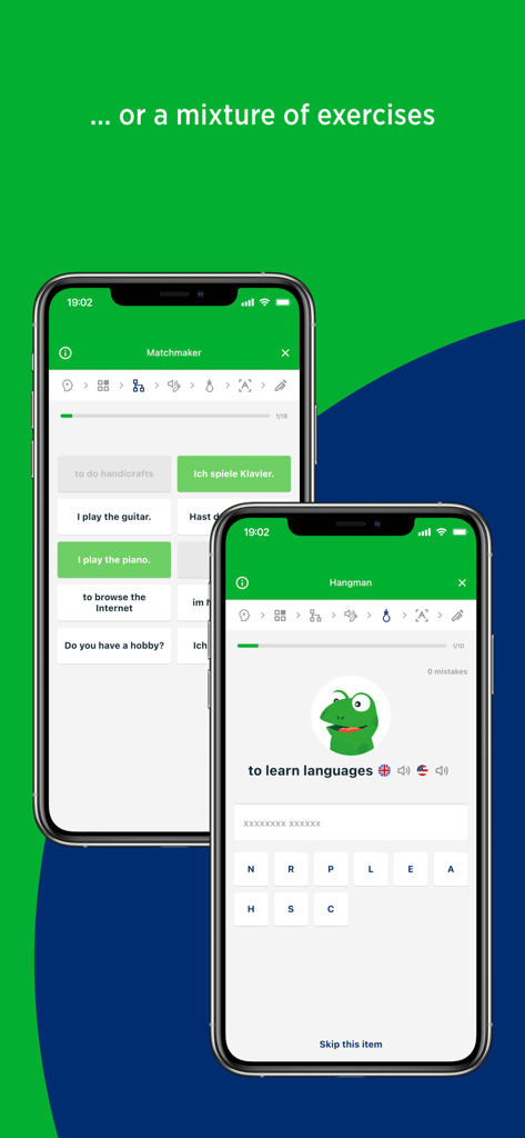 Oberfläche der PONS Vokabeltrainer-App mit interaktiven Sprachübungen wie Matchmaker und Galgenmännchen mit dem Froschmaskottchen.