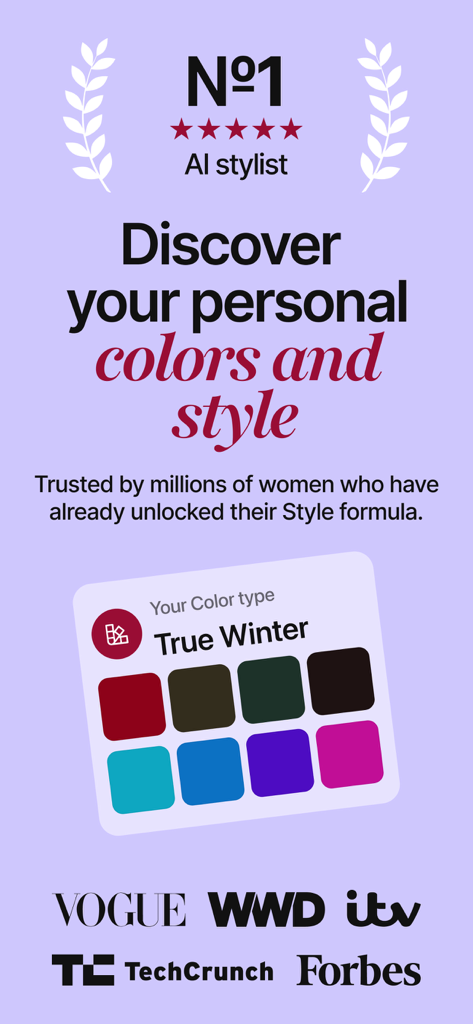 Interfaccia dell'app Style DNA che mostra una palette di colori personali True Winter e riconoscimenti mediatici da Vogue e Forbes