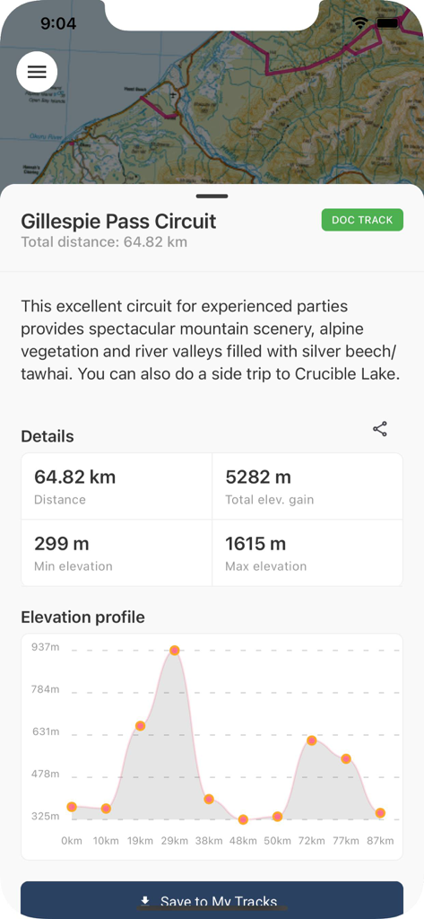 La aplicación TrailTreks mostrando estadísticas de la ruta de senderismo y perfil de elevación para el Gillespie Pass Circuit