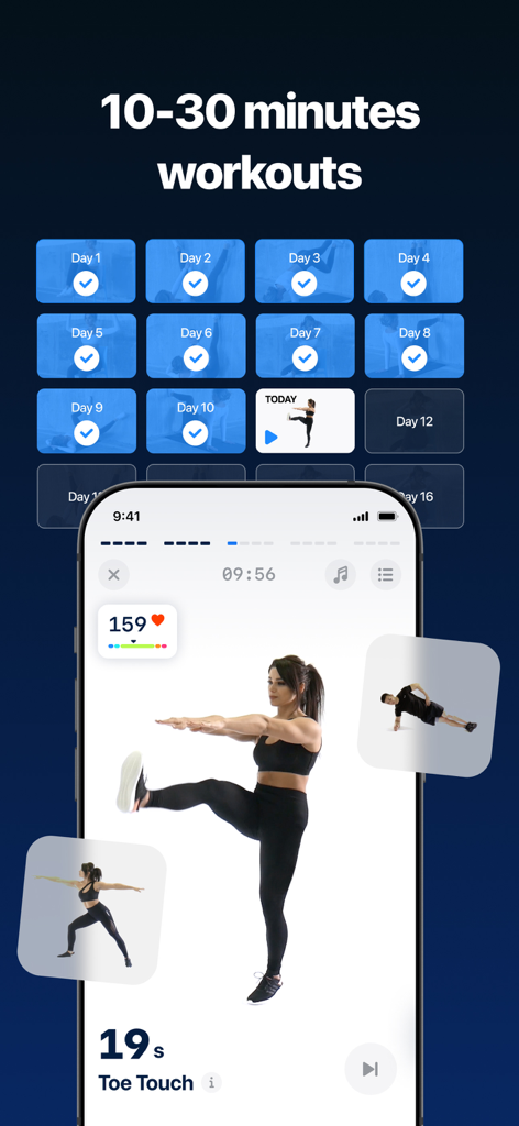 Fitify app interface showing a 10 to 30 minute daily workout schedule and an exercise video demonstration.