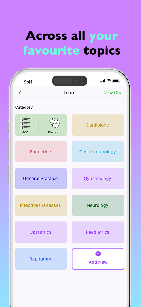 Mon AI - Pantalla de la aplicación Mon AI que muestra categorías de especialidades médicas como Cardiología y Pediatría para aprender con tarjetas de memoria y MCQ.