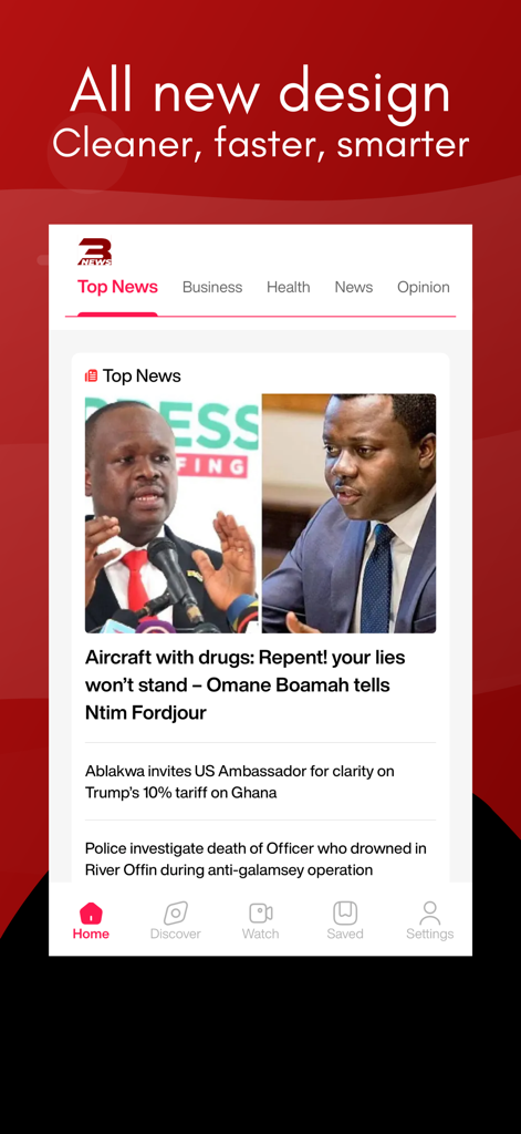 3News – Ghana News & Live TV - 3Newsアプリのホームページ。ガーナのトップニュース記事が表示されています。