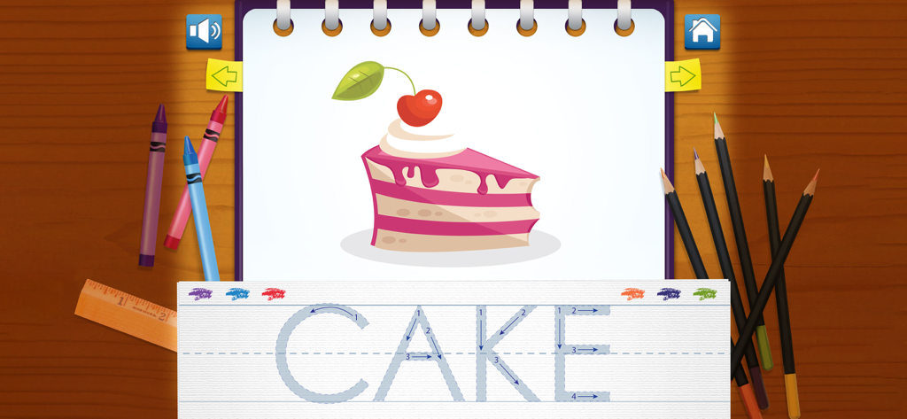 Spell, Write and Read - Guided letter tracing activity for the word cake in an educational app.