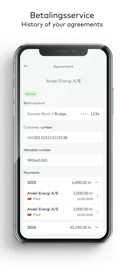 A smartphone showing the Betalingsservice app screen with payment agreement history and details for an energy provider