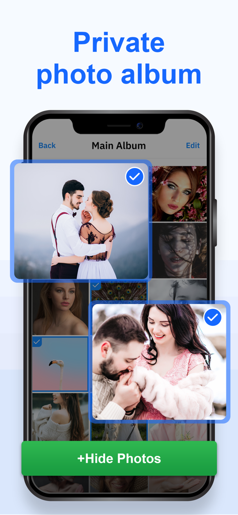 Secure Folder - Gallery Lock - Interfaz de la aplicación Secure Folder que muestra un álbum de fotos privado con imágenes seleccionadas y un botón para ocultar fotos