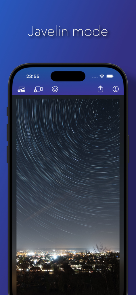 Star Stacker - iPhone screen showing Star Stacker app with Javelin mode effect on circular star trails above a night city