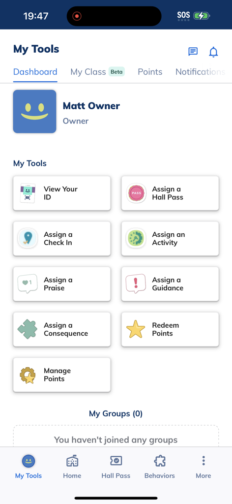 Dashboard of the Minga app showing tools for hall passes digital IDs and student behavior management