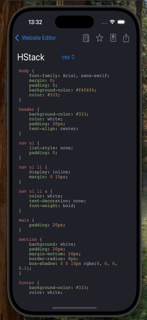 HTML Viewer ++ - A smartphone screen displaying CSS code with syntax highlighting in the Website Editor app