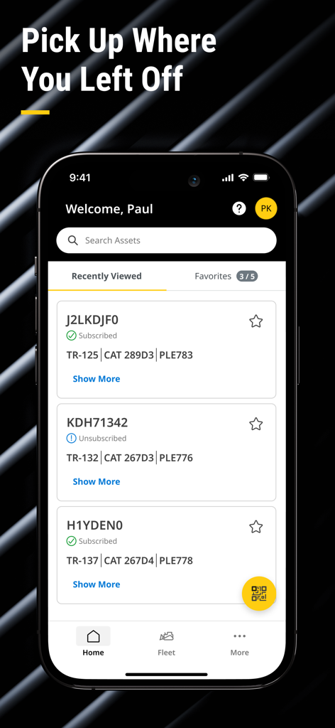 Cat® DSP Mobile - Asset list on the Cat DSP Mobile app home screen showing equipment subscription status