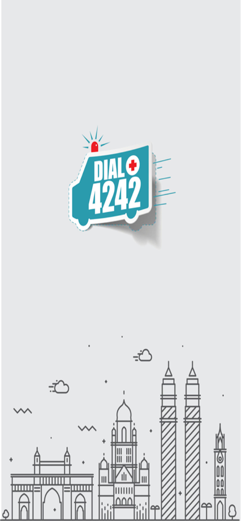 DIAL4242 - DIAL4242 ambulance booking app splash screen featuring the company logo and a stylized city skyline illustration