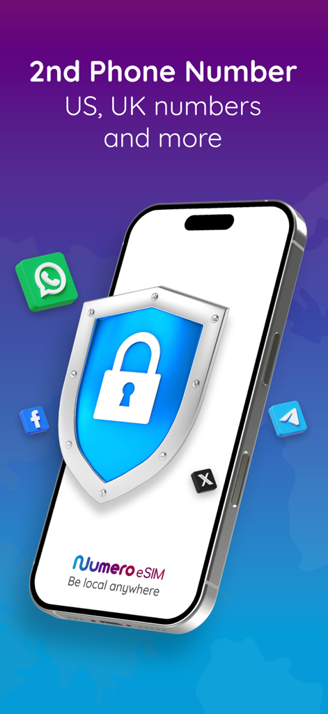 Numero eSIM: 2nd Phone Number - Promoción de la aplicación Numero eSIM para números de teléfono secundarios privados para EE. UU. y Reino Unido con un escudo de seguridad e íconos de redes sociales