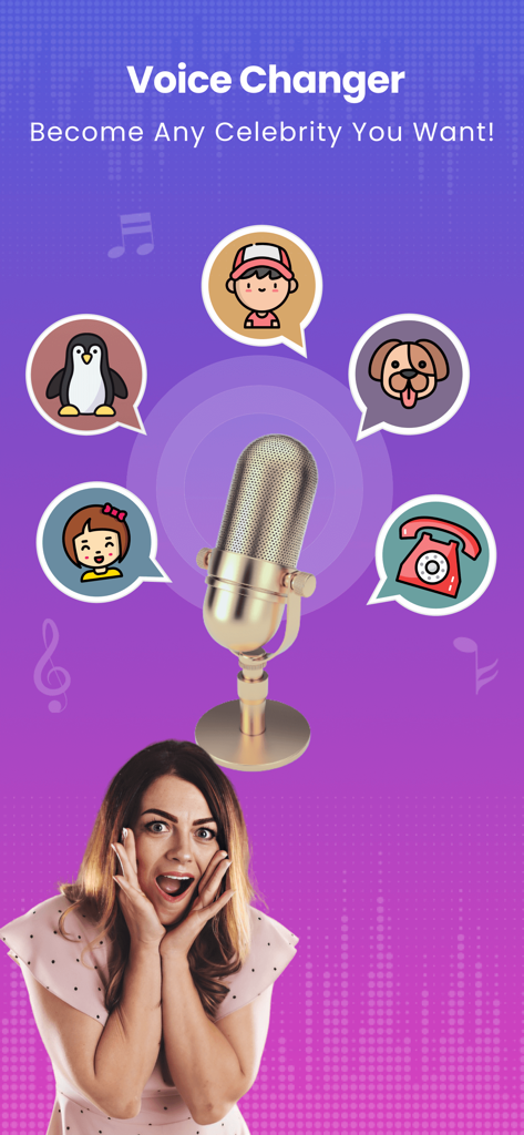 AI Voice Changer - Funny Prank - AI Voice Changer app screen showing a gold microphone and various voice effect avatars including a penguin and a dog.