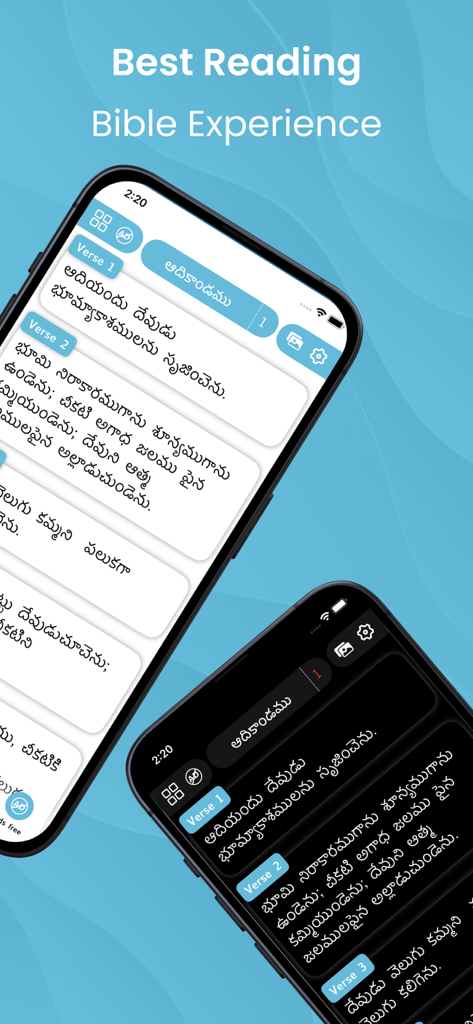 Telugu Bible Offline - Two smartphones displaying the Telugu Bible Offline app interface in light and dark reading modes