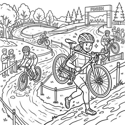 Get ready for a muddy good time with this vibrant cyclocross riders coloring page! Designed especially for toddlers, it features bold outlines of cyclists tackling an exciting off-road race.