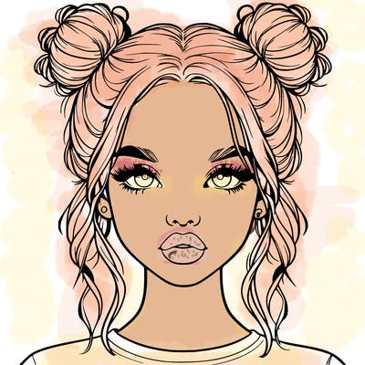 realistic girl with two buns in hair and lips