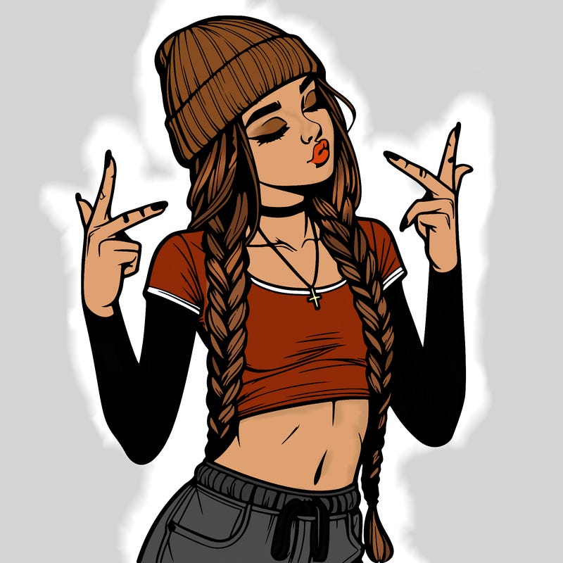 realistic teenage girl with braids and a beanie and crop top doing 🫶🏼