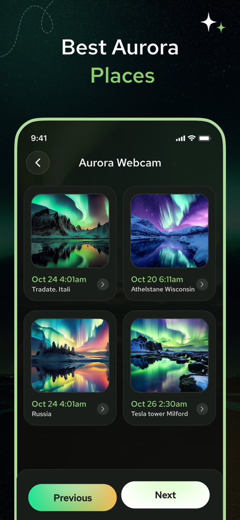 Aurora Forecast - Aurora Track - Aurora Forecast app displaying a gallery of live Northern Lights webcam feeds from different global locations