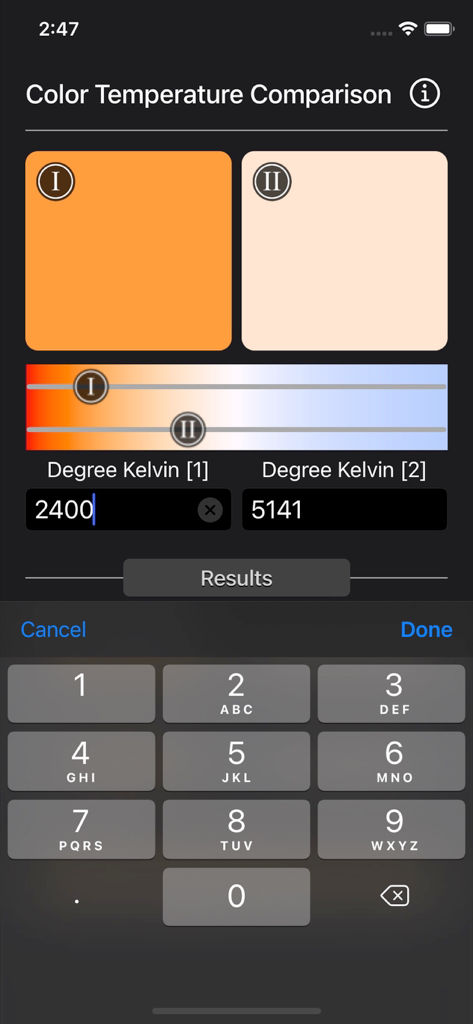 A interface do aplicativo comparando duas temperaturas de cor diferentes em Kelvin com entrada numérica.