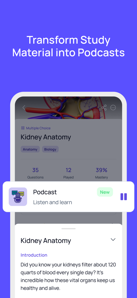 Screenshot of Quizgecko app interface showing study material transformed into an AI generated podcast
