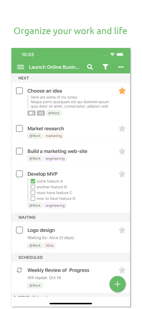 Everdo: GTD and To-Do List - Everdo mobile app showing a GTD task list with project actions and context tags.