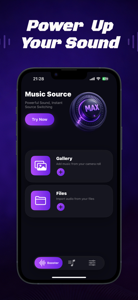 Louder Volume Booster: Amplify - Louder Volume Booster app screen showing options to import audio files from gallery and device storage