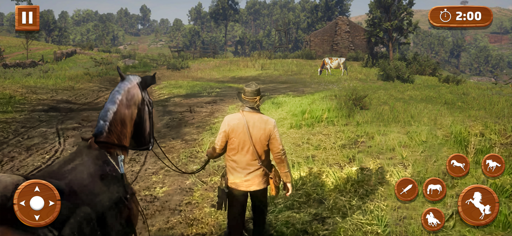 Wild Horse Simulator Jungle 3D - カウボーイがシミュレーションゲームのリアルな3Dオープンワールドの草原を茶色の馬を連れて歩いている。