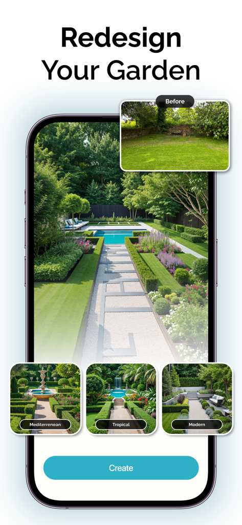 Interface de l'application IA montrant une refonte de jardin avec des styles paysagers méditerranéen tropical et moderne