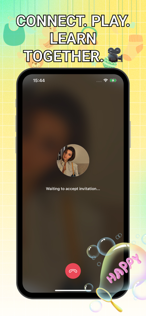 Tazu - Explore - Smartphone screen showing a video call invitation on the Tazu app with the text Connect Play Learn Together