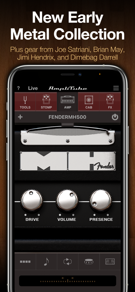 AmpliTube CS - Interfaz de la aplicación AmpliTube CS que muestra un amplificador virtual Fender MH500 con controles de volumen de distorsión y presencia.