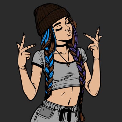 realistic teenage girl with braids and a beanie and crop top doing 🫶🏼