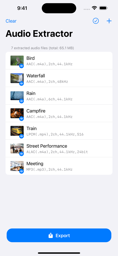 Captura de pantalla de la aplicación Extractor de Audio sin Pérdidas que muestra una lista de pistas de audio extraídas con formatos de archivo y detalles de calidad