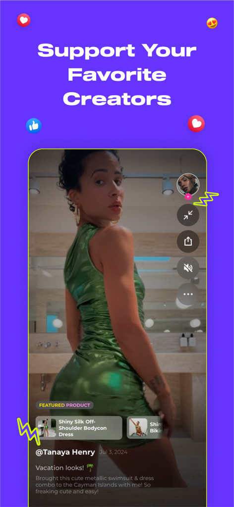 A creator showcasing a shiny green dress on the Popshop.live shoppable video feed with featured product links.