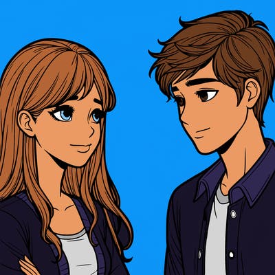 a realistic teen girl and teen boy looking at each other