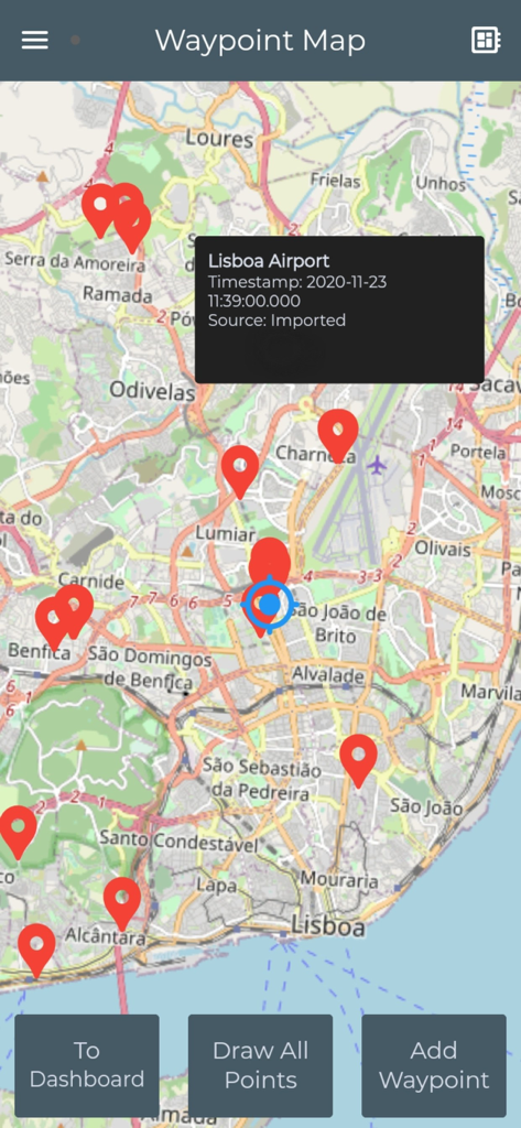 GPS Waypoints Lite - Interfaz de mapa de GPS Waypoints Lite que muestra varios pines de ruta rojos en un mapa de la ciudad con una ventana emergente de información detallada para el aeropuerto de Lisboa.