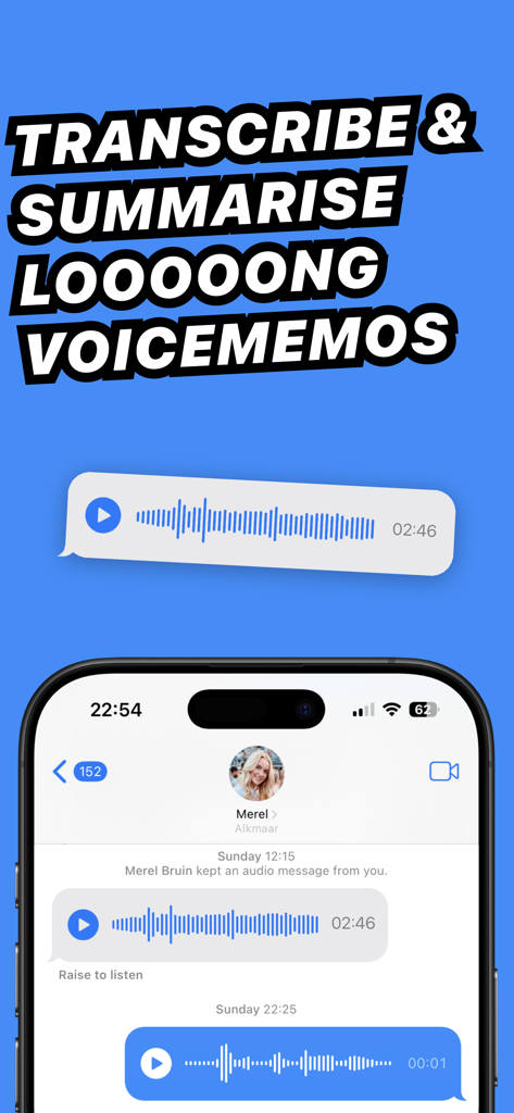 Whisper Transcription - Interfaz de la aplicación que demuestra la transcripción y resumen de largas notas de voz en un iPhone