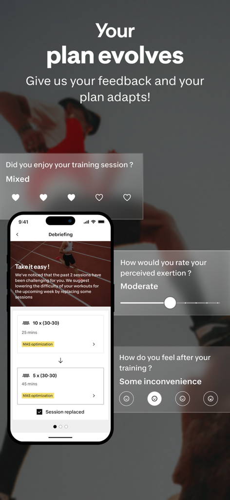 Kiprun Pacer Running - Kiprun Pacer app showing adaptive running plan based on user feedback