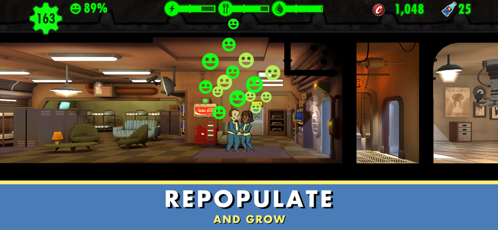 Two dwellers in a vault living room with green smiley icons and text that says Repopulate and Grow
