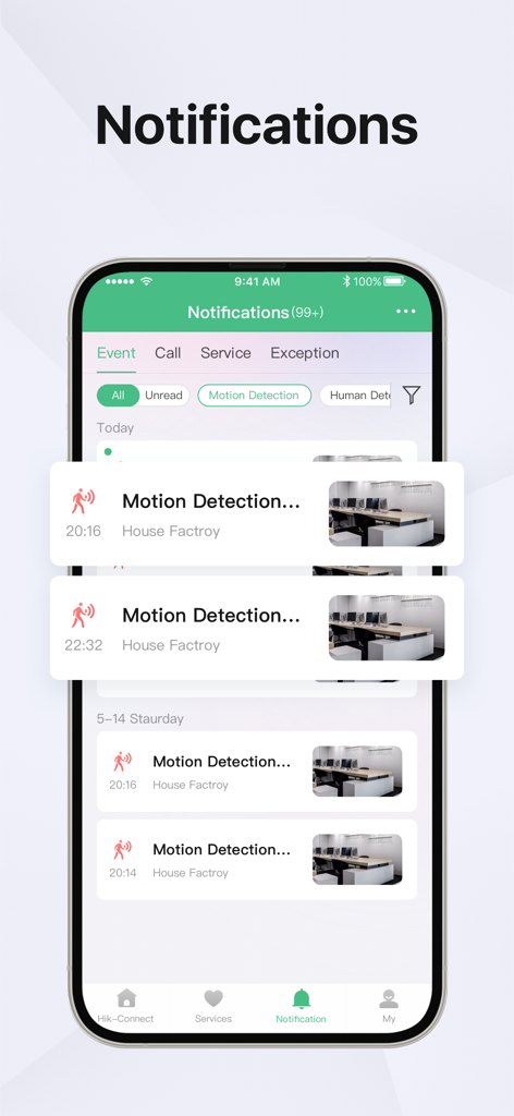 Guarding Vision - Guarding Vision 보안 앱의 움직임 감지 알림 및 비디오 미리보기를 표시하는 스마트폰 화면.