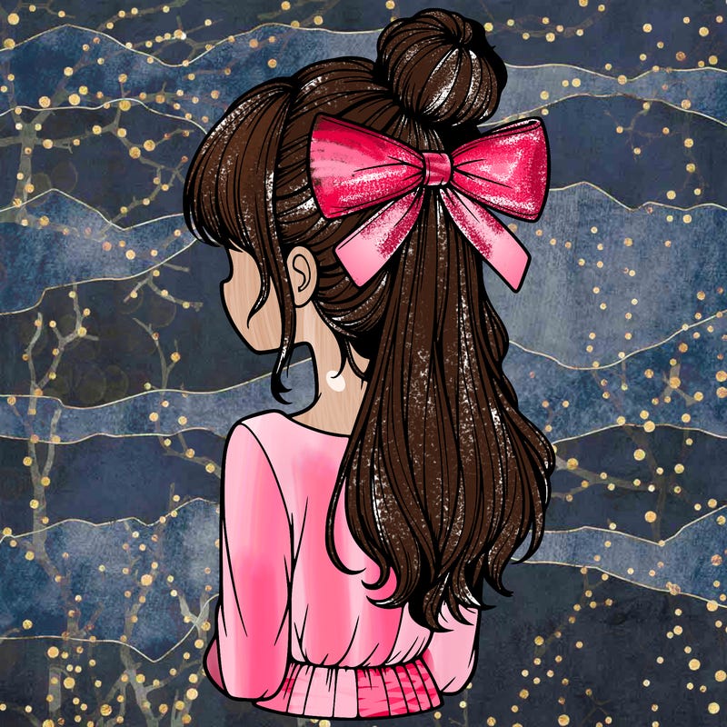 realistic girl  with hip length hair a bun and a big bow on the back of head