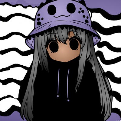 girl with anime shaped eyes with a dinosaur bucket hat oversized sweatshirt long straight hair