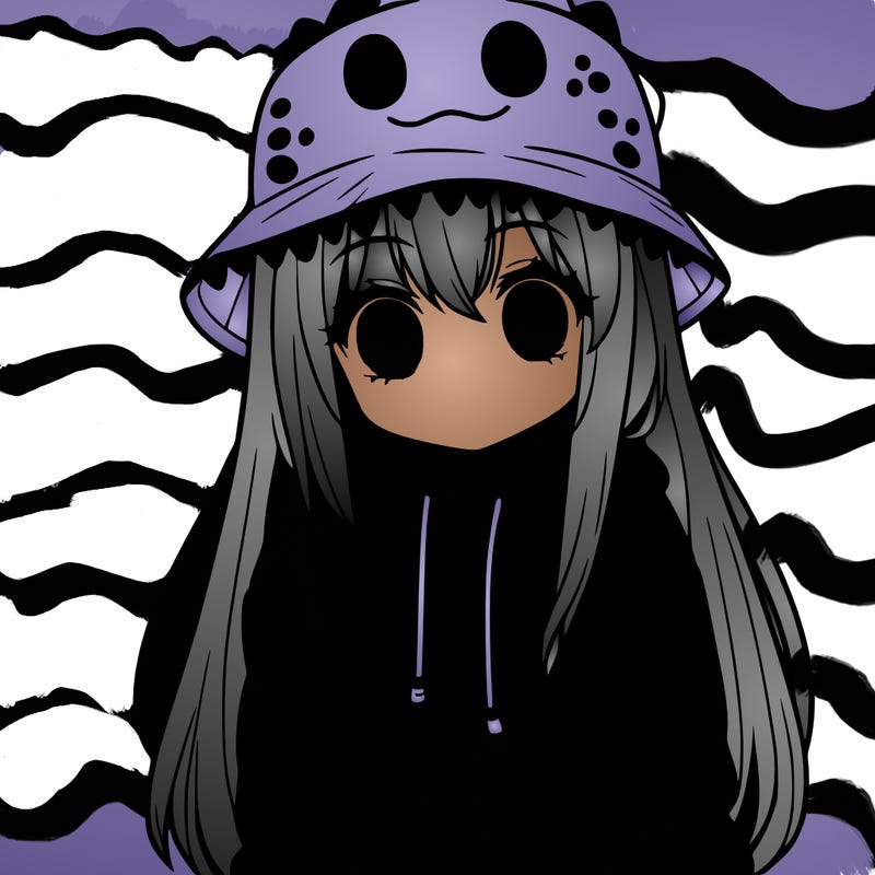 girl with anime shaped eyes with a dinosaur bucket hat oversized sweatshirt long straight hair