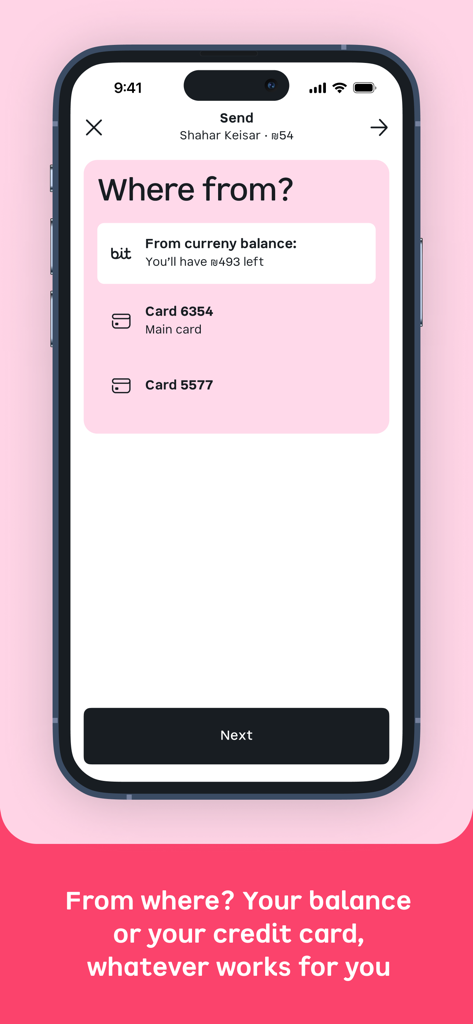 bit ביט - Una schermata nell'app bit per selezionare una fonte di pagamento dal saldo o dalle carte di credito per inviare denaro.