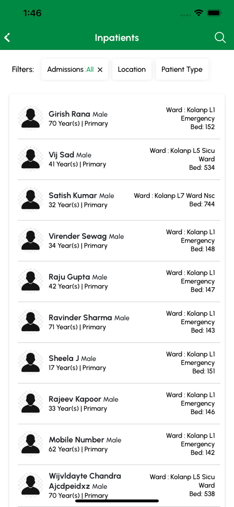 MyFortis Doc - A list of inpatients within the MyFortis Doc app showing patient names, ward locations, and bed assignments.