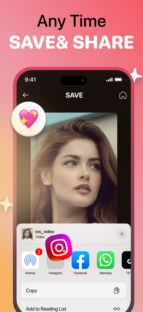 Boomerang - Video Loop Maker - Tela de smartphone exibindo as opções de salvar e compartilhar um loop de vídeo boomerang em aplicativos de mídia social como Instagram e TikTok.