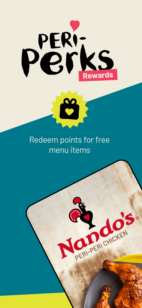 Nando's North America - Nando's PERi-Perks rewards screen showing point redemption for free menu items.